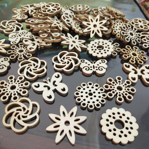 50pcs Wooden Embellishments Flower Butterfly Shape Cutouts DIY Scrapbooking